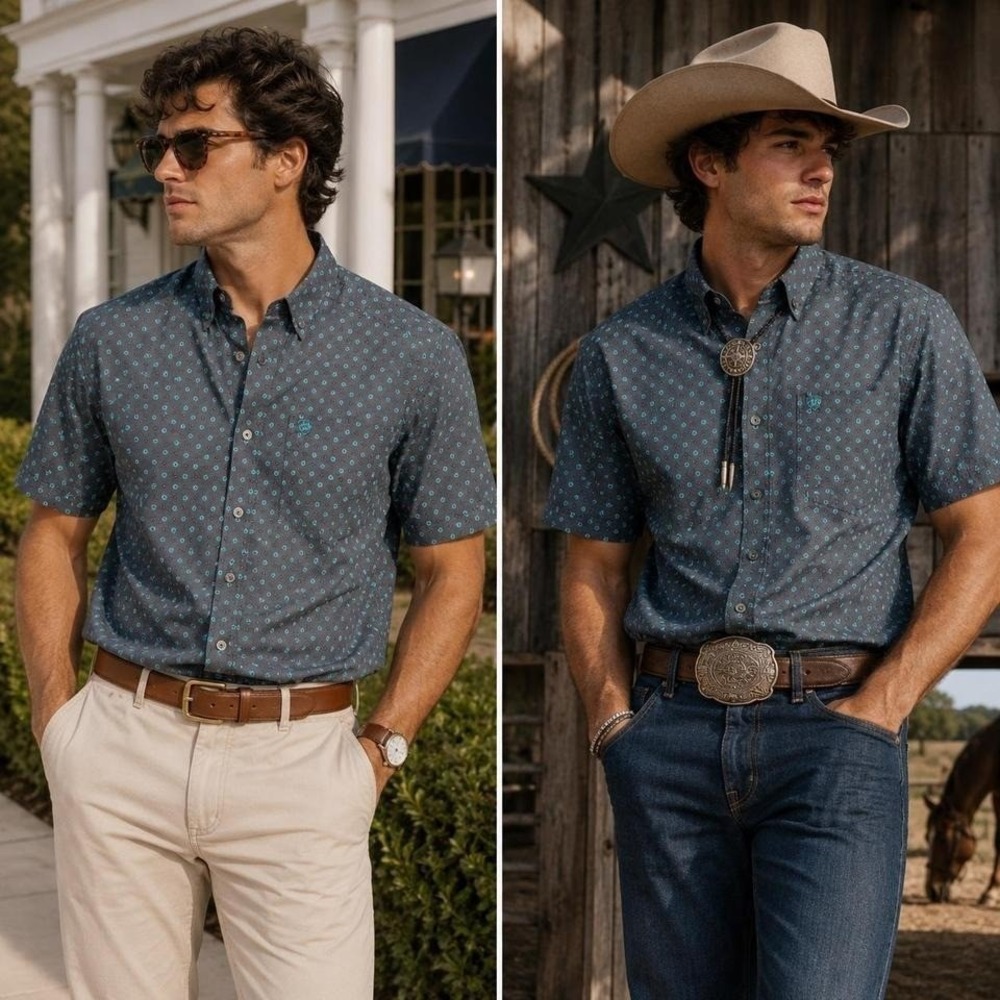 Ariat Western Geo Print Button Up Shirt Gray Teal Mens Sz S Ranch Preppy Office